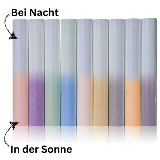 NEU! Cricut-kompatibel: 9er-Bundle – UV-reaktives Glitzer-Wärmeübertragungs-Vinyl, 30,5 x 25,4 cm – Farbwechselnd bei Sonnenlicht – HTV Folien-Set für Plotter & Wärmepresse